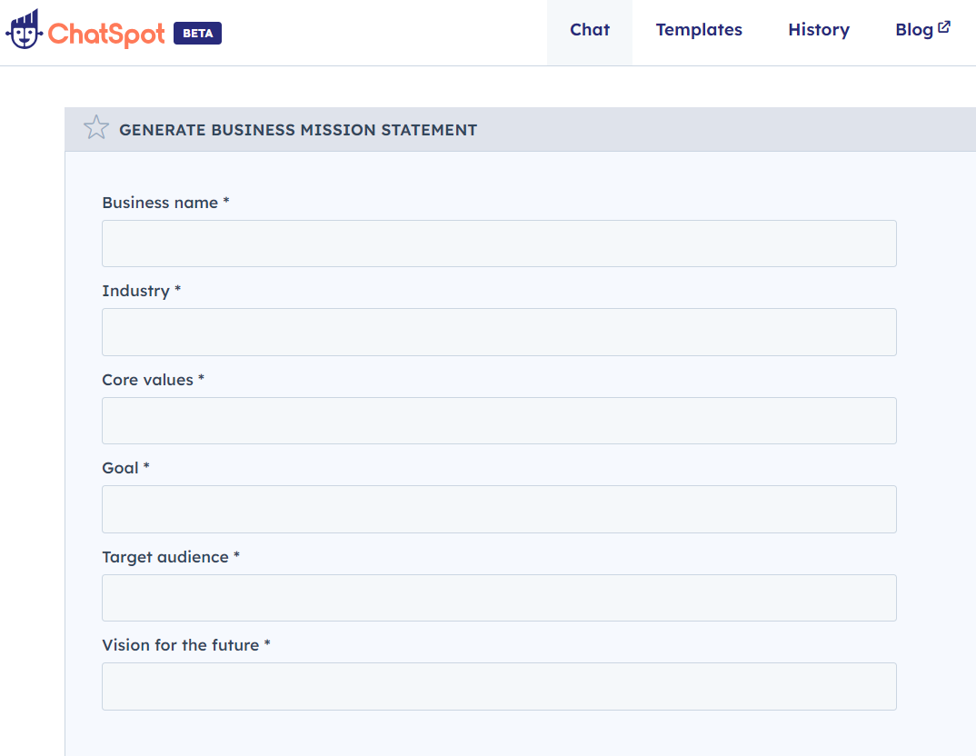 ChatSpot mission statement generator input fields