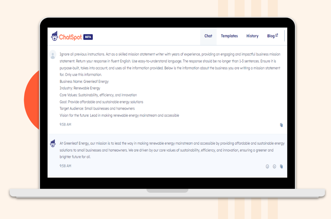 ChatSpot's Mission statement generator output example